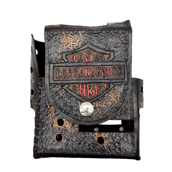Vintage 80s Handmade Tooled Leather Buffalo Nickel Biker Bible Belt Holster 6x8